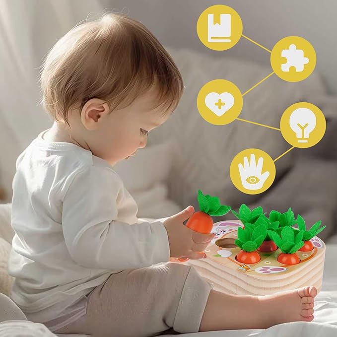 KMTJT Montessori Wooden Carrot Harvest Toy - Shape Sorting & Matching Game for Toddlers 1-3 Years, Fine Motor Skills Development, Educational Easter Birthday Gifts for Baby Boys & Girls (Red)