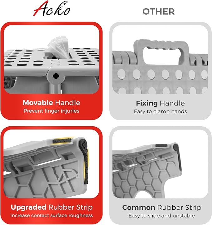 ACKO Folding Step Stool Foldable 16 Inch Stool 400 lbs Capacity,Plastic Stools for Adults and Kids,Collapsible Stool for Kitchen, Stepping Stool with Handle(Grey)