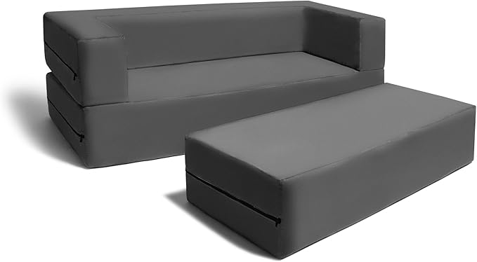 Jaxx Zipline Kids Sofa & Large Ottoman 3 in 1 Fold Out Sofa, Big Kids Edition Charcoal