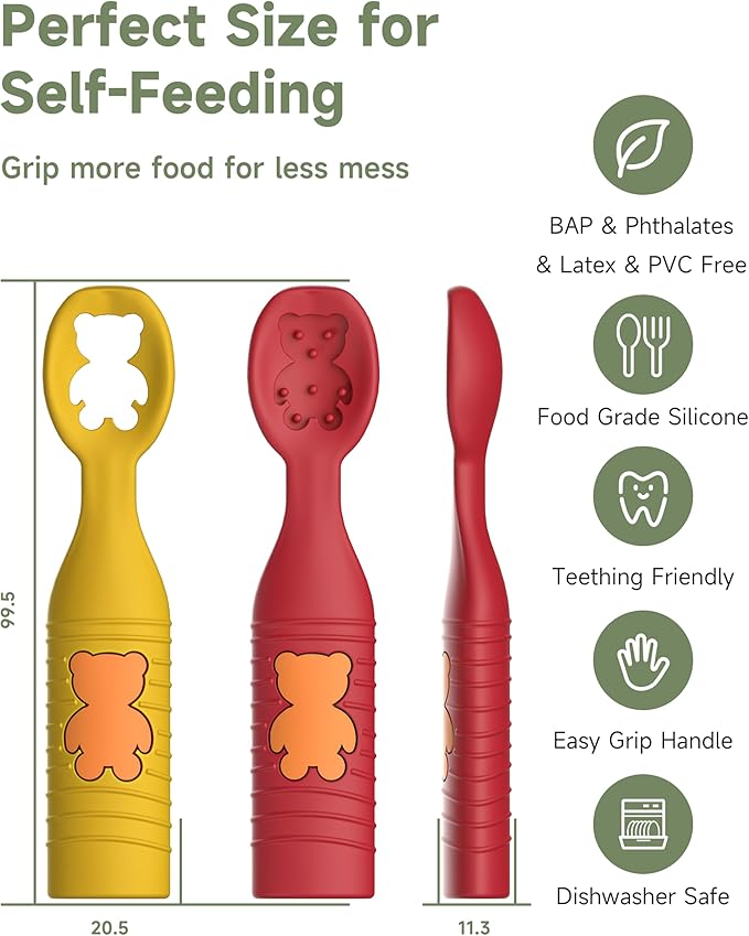 4 Pack Baby Spoons, First Stage Spoons, Food Grade Silicone, 6+ Months, Teething for Self Feeding, Toddler Utensils for Baby Led Weaning, BPA Free