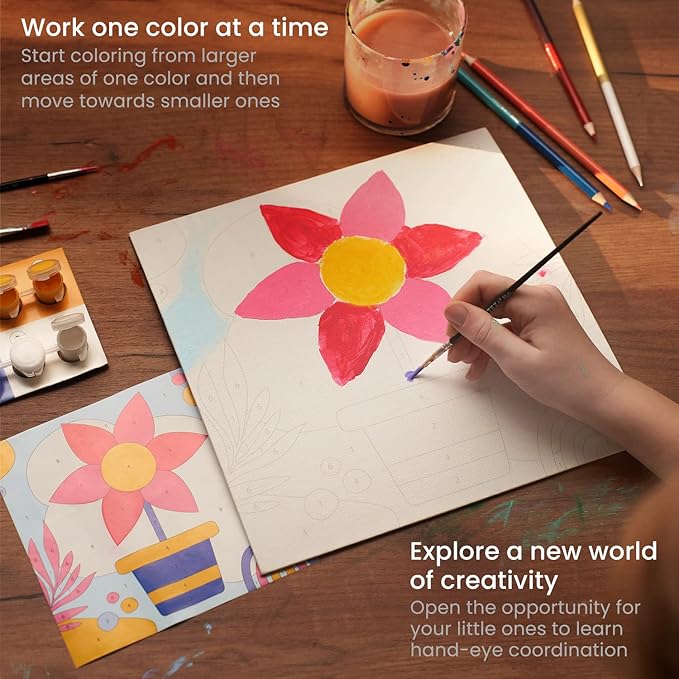 Arteza Kids Paint by Numbers Kit, 10 x 10 Inches, Decorative Pre-Printed Canvas Painting Kit with 2 Canvases, 24 Acrylic Paint Pots, 3 Paintbrushes