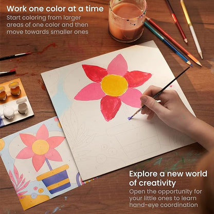 Arteza Kids Paint by Numbers Kit, 10 x 10 Inches, Decorative Pre-Printed Canvas Painting Kit with 2 Canvases, 24 Acrylic Paint Pots, 3 Paintbrushes