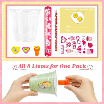 Valentines Day Gifts for Kids, 24 Packs Bulk Stationery Gift for School 192 Pcs Include Cards Pencil Cup Slap Bracelet Eraser Cup Stampers Valentine's Day Classroom Exchange Gifts Party Favors Toys