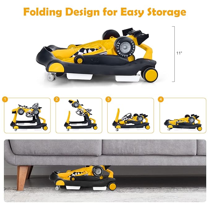 HOMGX Baby Walker with Wheels, Convertible Baby Push Walker & Race Car Mode, Infant Activity Center with Music Box, 3 Heights & 2 Speeds, Foldable Walkers for 6-18 Months (Yellow)
