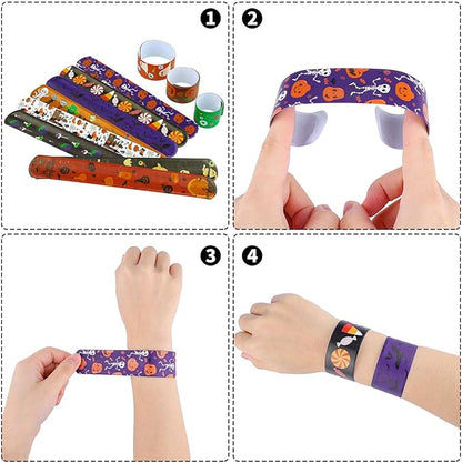 Elcoho 60 Pieces Halloween Designs Snap Bracelets Craft Halloween Party Slap Bracelets Wristbands Toys for Halloween Party Favors