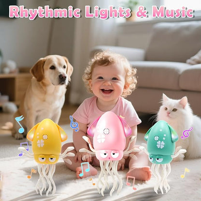 Pbooo Magic Dancing Octopus Toy, Electric Crawling with LED Lights and Music, Rechargeable Music Squid Baby Toy for 3-6 Year Olds, Tummy Time and Toddler Walking Toy, Birthday Gift, Light Pink