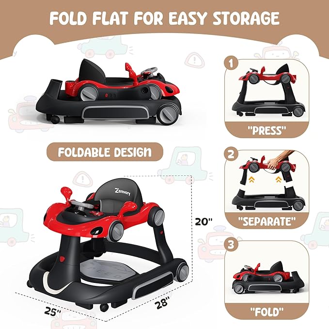 6 in 1 Foldable Baby Walker, Activity Baby Walker-Baby Bouncer, Rocker, Activity Center,Push Walker,Detachable Trampoline Mat, Adjustable Speed Rear Wheels and Height,Music & Lights,Ages 6-18 Months