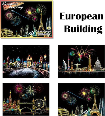 Georgie Porgy Scratch Paper Art Set DIY Arts and Crafts Kits for Kids Adults Magic Rainbow Scratch Postcards for Christmas Birthday Gift with Scratching Tools Kit (Europe Fireworks Architecture)