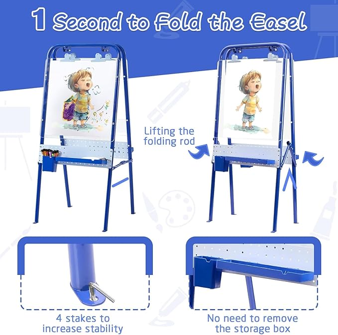 FUNLIO Foldable Outdoor Easel for Kids Aged 3+, Double-Sided Kids Easel with 2 Acrylic Boards & 21 pcs Accessories, Waterproof & Sunproof Art Easel for Kids, Portable & Stable - Blue