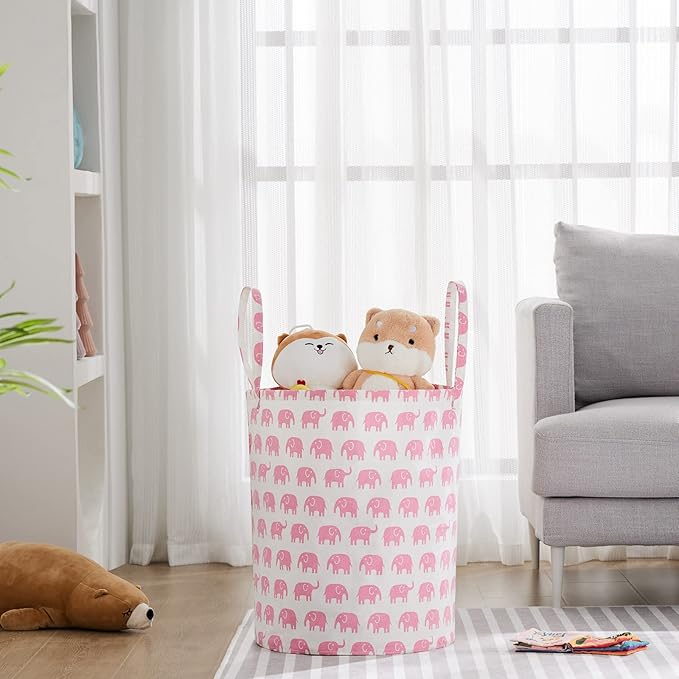 Large Storage Basket for Girls and Boys, Collapsible Laundry Hamper with Long Handles, Toy Bins for Nursery, Kids Room Décor Pink Elephant
