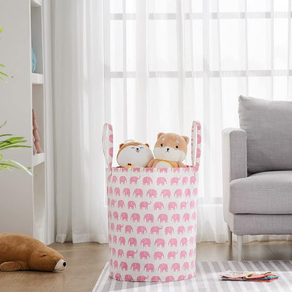 Large Storage Basket for Girls and Boys, Collapsible Laundry Hamper with Long Handles, Toy Bins for Nursery, Kids Room Décor Pink Elephant