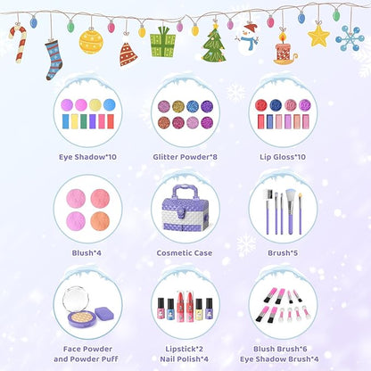 GirlsHome Kids Makeup Set for Girl 56 Pcs Washable Real Cosmetic, Non-Toxic Frozen Toys Toddler Makeup Kit, Frozen Princess Dress up Kit Christmas & Birthday Girl Gift for 3-12 (Frozen Purple)
