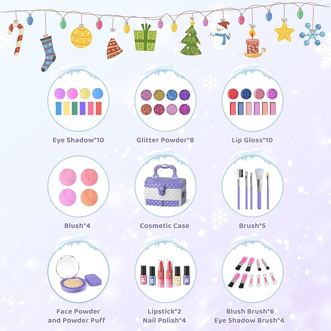 GirlsHome Kids Makeup Set for Girl 56 Pcs Washable Real Cosmetic, Non-Toxic Frozen Toys Toddler Makeup Kit, Frozen Princess Dress up Kit Christmas & Birthday Girl Gift for 3-12 (Frozen Purple)