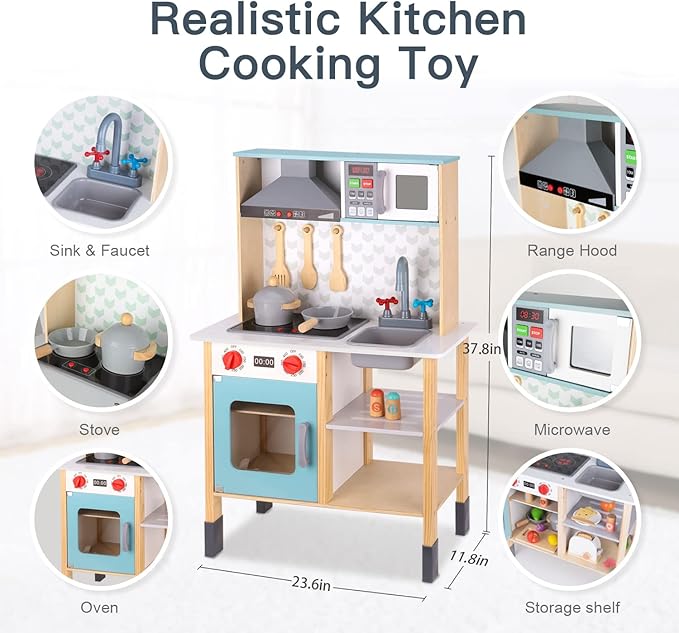 TOOKYLAND Kids Kitchen Playset, Play Kitchen Set for Kids with Real Light & Sounds, Including 11 Piece Simulated Food Accessories, Kids Play Kitchen for Toddlers