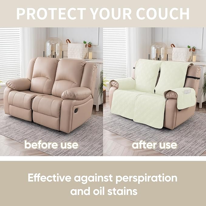 Easehomey Waterproof Loveseat Recliner Cover,Non Slip Reclining Couch Covers for 2 Seat,Dog Chair Cover Furniture Protector Washable Chair Cover with Pocket for Kids,Pets,Dogs(Cream White,2Seat)