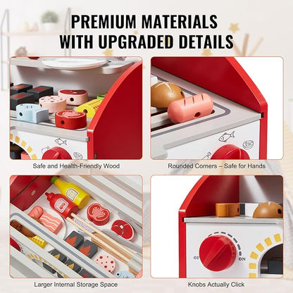 VEVOR Kids BBQ Grill Toy, Wooden Barbecue Kitchen with Realistic Carbon Fire, Wooden Play Food Kitchen Accessory (26 PCS), Indoor/Outdoor Interactive Pretend Play Toys for Boys Girls Ages 3+ Gift