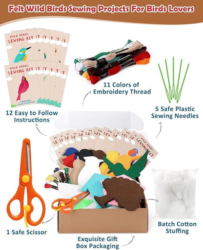 CiyvoLyeen Wild Birds Sewing Craft Kit Animal Sewing Kit for Boys and Girls Beginners Set of 12 Sewing Projects Gift for Kids
