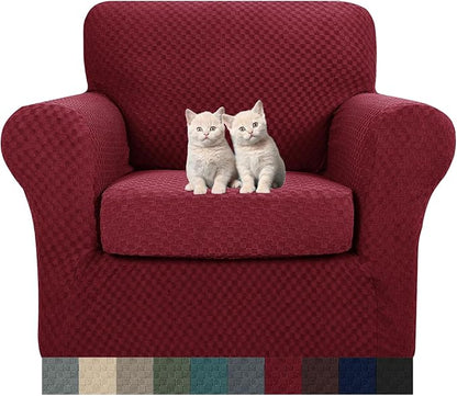 MAXIJIN 2 Piece Jacquard Chair Covers with Arms Super Stretch Non Slip Chair Slipcover for Living Room Dogs Pet Friendly Elastic Sofa Couch Protector Armchair Cover (Chair, Wine Red)