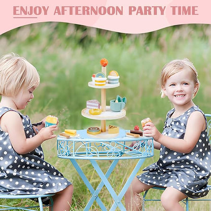 Wooden Tea Party Set, Tea Sets for Toddlers 3-5, Toddler Tea Set with Dessert Cookies & Cake Stand, Kids Tea Sets for Girls, Little Girl Tea Party Set Birthday