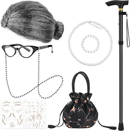 9 PCS 100 Days of School Old Lady Wig Set Include Wig Glasses Necklace Bracelet Glasses Chain Bag Cane and Stickers