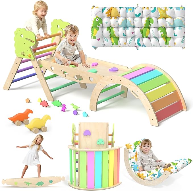 Pikler Triangle Set with Cushion 9 in 1 Climbing Toys for Toddlers 1-3 Indoor Baby Gym Toddler Montessori Toys Wooden Climbing with Maze, Shape Sorting, Dinosaur Car