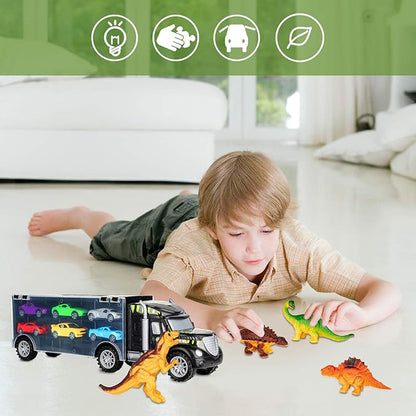 Aokesi Car Toys Transport Carrier Truck Dinosaur Toys for 3-12 Years Old Boys and Girls (Includes 6 Dinosaurs and 6 Mini Car)