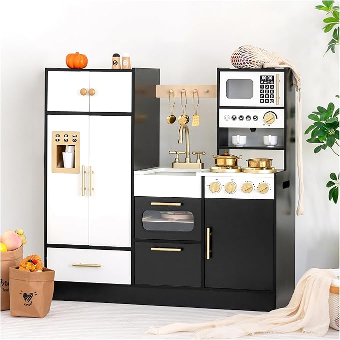 Wooden Play Kitchen Set for Kids – Interactive Pretend Toddler Kitchen Playset with 12 Kitchen Toy Accessories, Perfect for Ages 3+