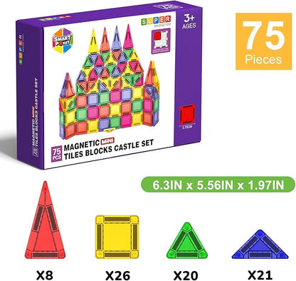 Mini Magnetic Tiles - 75 PCS Travel Magnetic Tiles, Micro Magnet Travel Toy for Kids Ages 3+, STEM Educational Building Set Construction Toys, Boys Girls Toddlers Birthdays Day Gifts