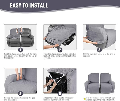 KinCam Recliner Covers, Stretch Reclining Chair Covers, Recliner Sofa Slipcovers Stripe Jacquard Recliner Couch Covers Furniture Protector Covers for Pet Kid (2 Seater, Light Gray)