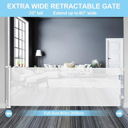 80 Inch Extra Wide Retractable Baby Gates Extra Wide Baby Gates for Large Openings Outdoor Mesh Dog Gates for The House Extra Large Baby Gates for Dogs Indoor Pet Gate for Stair Toddler Gate (White)