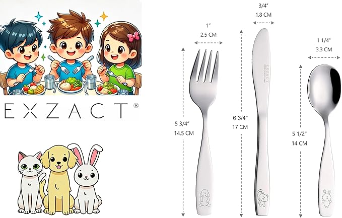 Exzact Children's Flatware Kids Silverware 6pcs, Toddler Utensils, Dishwasher Safe, 24 Months+