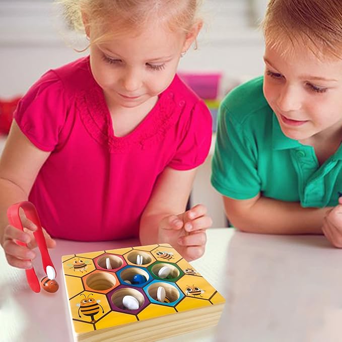 Toddler Fine Motor Skill Toy, Bee to Hive Matching Game, Montessori Wooden Color Sorting Matching Toy, Preschool Educational Learning Toys Gift for Toddler 3 Years Old