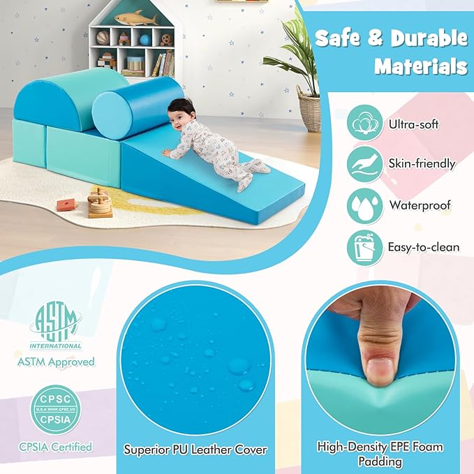 HONEY JOY 5-Piece Climb and Crawl Playset, Soft Climbing Foam Block Activity Play Structure Gym Equipment for Infant Baby, Color Coordination, Waterproof Indoor Climbing Toys for Toddlers (Blue)