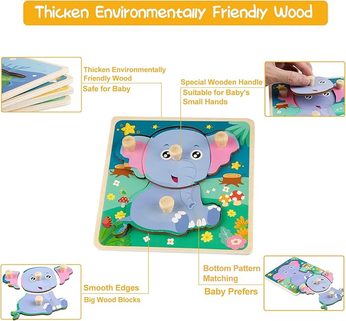 Wooden Toddler Puzzles, Funsland Peg Puzzles Gifts Toys, 4 Pcs Eco Friendly Animal Patterns Jigsaw with Handles, Infant Kid Fine Motor Skill Learning Educational Montessori Puzzles for 1 2 3 Years Old