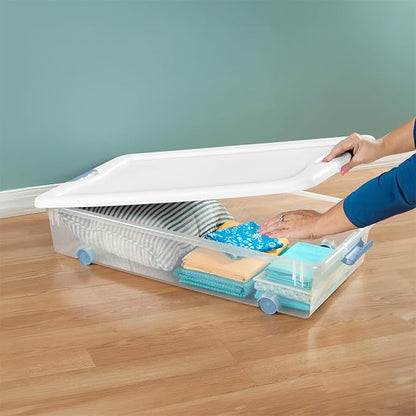 Sterilite 4-Pack 56 Quart Wheeled Latching Box, Underbed Clear Plastic Storage Organizer - Under Bed Rolling Container Bin with Lid and Wheels for Home or Dorm Bedrooms and Closets