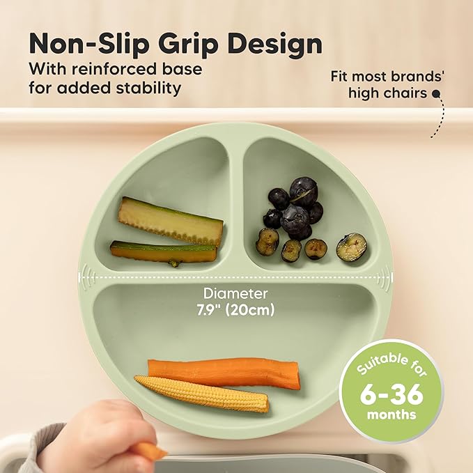 KeaBabies Suction Plates for Baby, Toddler - 3-Pack 100% Silicone Toddler Plates, Divided Baby Plates with Suction, Silicone Plates for Baby, Kids, BPA-Free, Microwave, Dishwasher Safe (Sage)