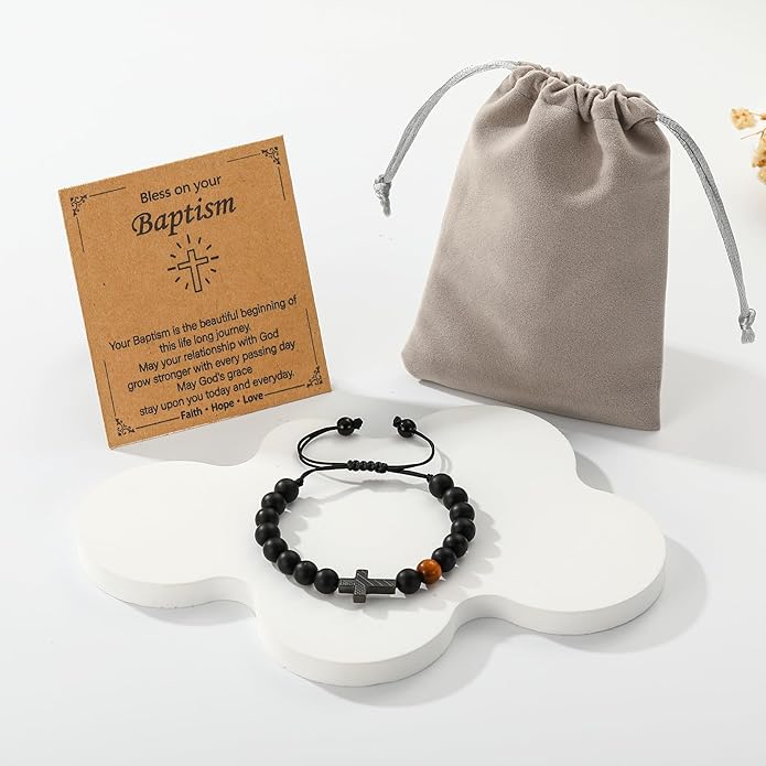 P. BLAKE First Communion Confirmation Baptism Gifts for Boys Teens, American Flag Cross Natural Beads Bracelet Christian Religious Jewelry Gifts for Teen Boys Kids