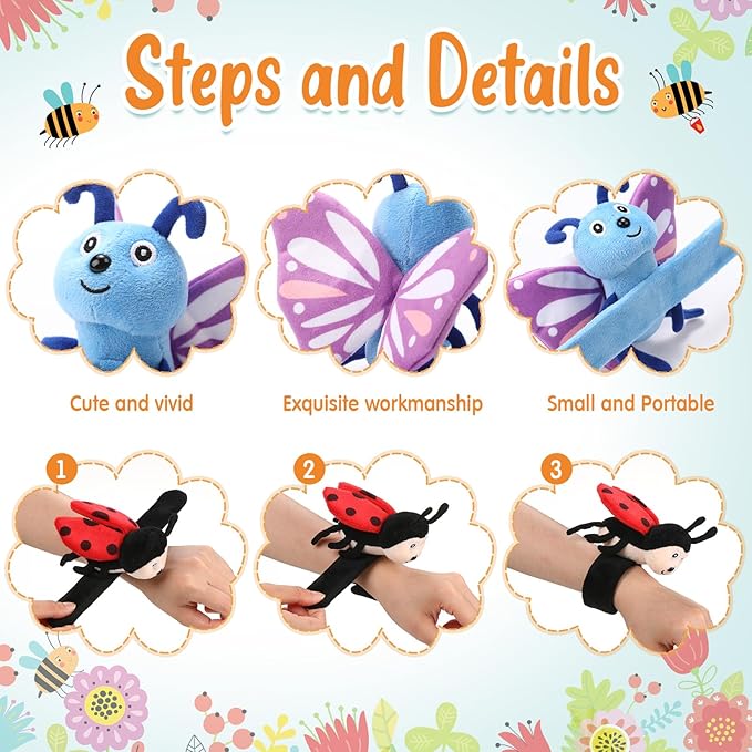 6 Pcs Stuffed Animal Slap Bracelets Plush Animal Snap Bracelets Cute Wrist Slap Band Toy Wrist Animals Slap Bracelet Wrist Toy for Girls Boys Kids Gift Party Favors Birthday (Insect Animals)