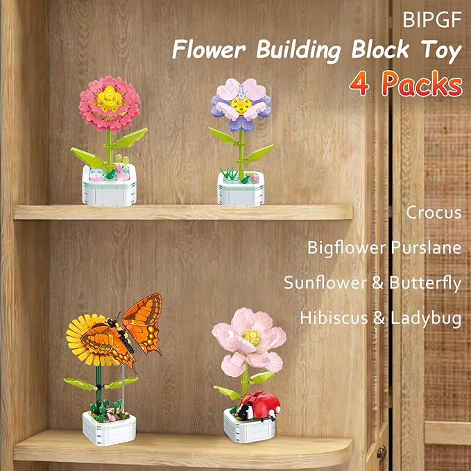 Flower Bouquet Building Set with Base, Flower Building Set Artificial Plant Flowers Building Blocks for Home Office Decor, Birthday Gifts, Desktop Trinkets Age 6+