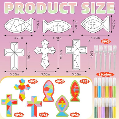 24 Sets Religious Sand Art Craft Kit for Kids Christian Crosses Fish Painting Kit with Colored Sand Brushes Create Your Own First Communion Sand Art for Sunday School Fun Home Activities