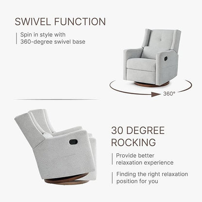 Upholstered Recliner Swivel Glider Nursery Chair Reclining Performance Fabric Rocker with Wood Base,Boucle,Grey