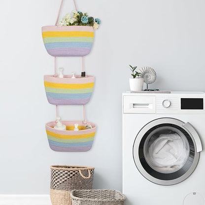 TeoKJ Over the Door Hanging Basket, 3-Tier Woven Cotton Wall-Mounted Storage Organizer Bag Decorative Hanging Nursery Baskets, Rainbow