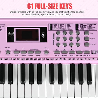 61 Key Electronic Keyboard, Kids Portable Music Keyboard with 100 Tones & Rhythms, Recording & Programming, Gift for Children Early Education Beginners, Pink