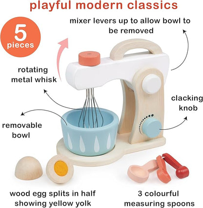 Mentari Toys - Cake Mixer - 7pc Wooden Baking Play Set - Pretend Play Kitchen Accessory with Bowl, Rotating Whisk, Egg and Measuring Spoons - Encourages Role Play and Fine Motor Skills - Age 3+