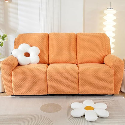 vctops 8 Pieces Jacquard Plush Recliner Sofa Covers Stretch Soft 3 Seats Couch Cover Anti-Slip Solid Color Sofa Slipcover Furniture Protector with Elastic Bottom for Kids Pet (Orange,3 Seat)