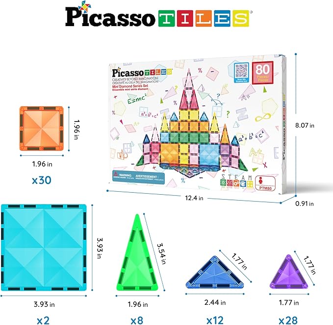 PicassoTiles 80 Piece Mini Size Magnetic Tiles Sensory Magnet Toys Diamond Series Construction Building Blocks Set STEM Learning Travel Size Educational Toy for Kids Boys Girls Toddlers Age 3+ PTM80