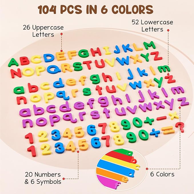 JoyCat 104 Pieces Magnetic Letters Numbers Alphabet Fridge Magnets ABC 123 Preschool Educational Learning Plastic Colorful Toy Set Uppercase Lowercase Math Symbols for Toddlers Kids 3+