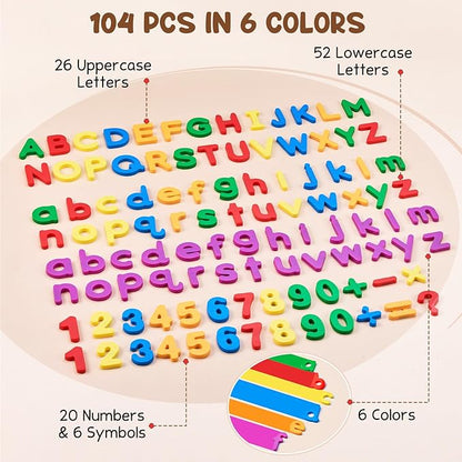 JoyCat 104 Pieces Magnetic Letters Numbers Alphabet Fridge Magnets ABC 123 Preschool Educational Learning Plastic Colorful Toy Set Uppercase Lowercase Math Symbols for Toddlers Kids 3+