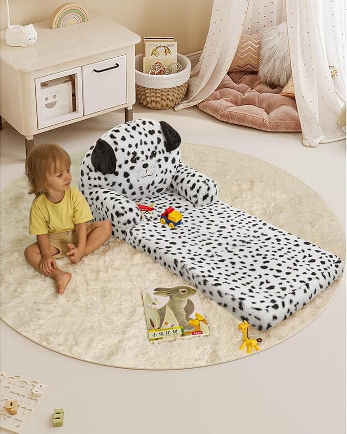 MOONBEEKI Comfy Toddler Chair, Kids Couch Fold Out to Lounger, Foldable Baby Sofa Plush for Girl and Boy Age 18 Months and Up （Dalmatian）