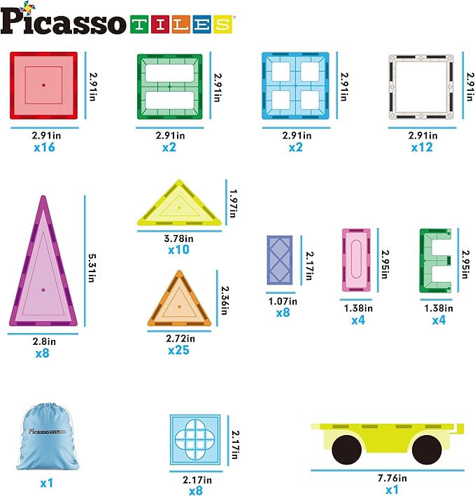 PicassoTiles Magnetic Tiles 101pc Magnet Tile Building Blocks Construction Sensory Toy Set with Storage Carry Case Drawstring Bag STEM Kids Learning Educational Pretend Play Boy Girl Ages 3+ & Up PT06